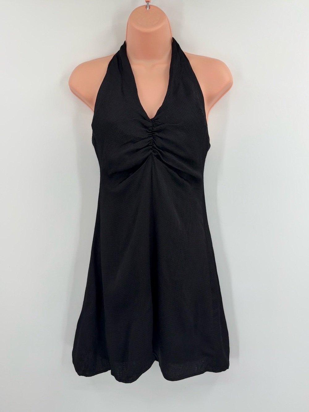 Zara Textured Halter Tie Neck Open Back Ruched Mini Dress | Black | Small